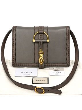 GUCCI Duilio Brogue Grey Leather Crossbody Bag W/ Dustbag & COA
